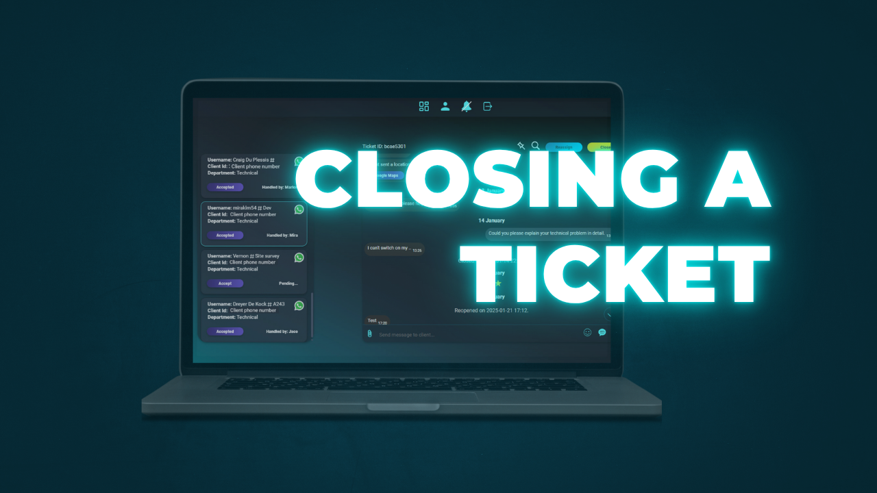 Closing a ticket Client service conversation using Kreechat: open ticket, chat, close ticket