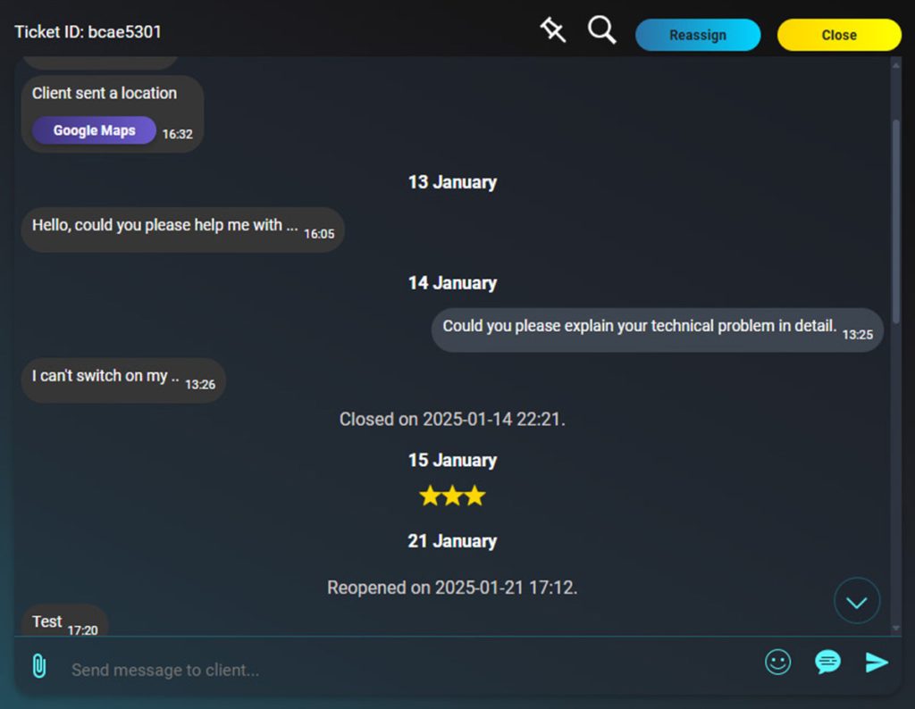 Kreechat chat windows Kreechat chat window after accepting a support ticket